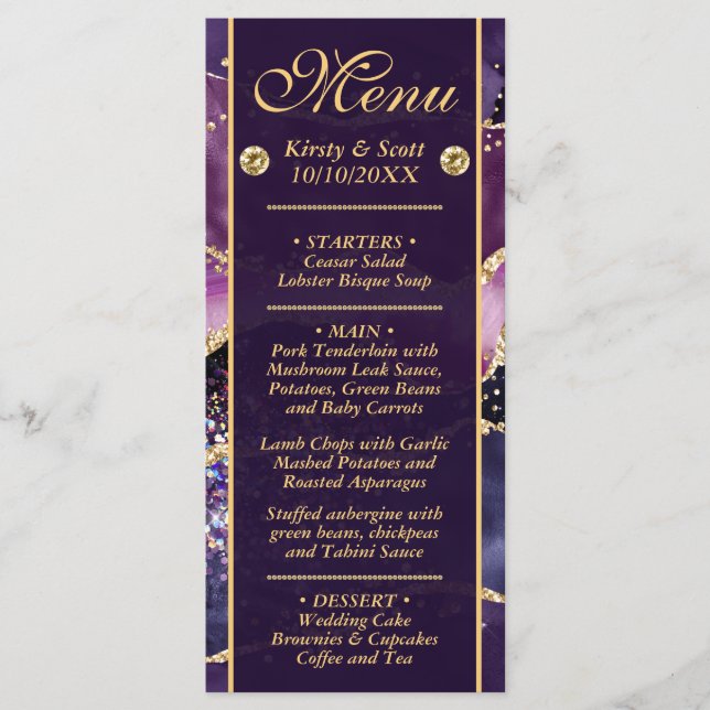 Menu Casamento de Agata de Mármaco Dourado Roxo Elegant (Frente)