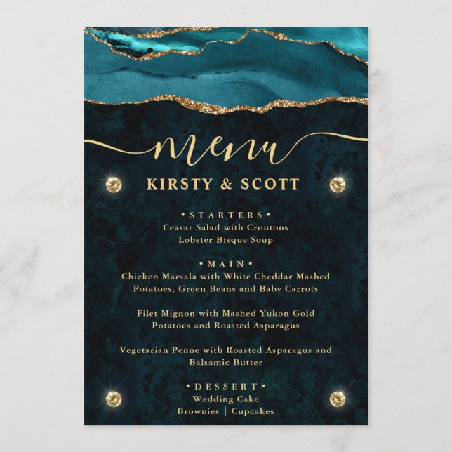 Menu Casamento de Ágata Falsa Brilho Azul e Dourado (Frente)