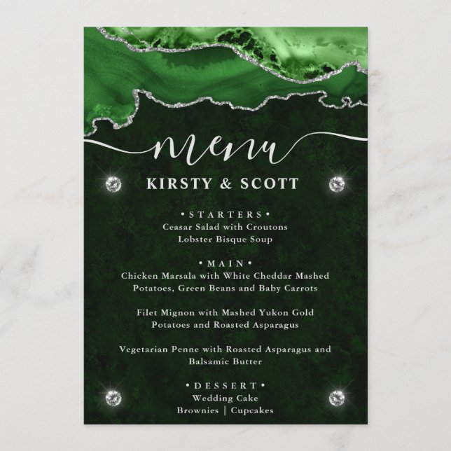 Menu Casamento de Ágata Falsa Brilho Verde e Prata (Frente)
