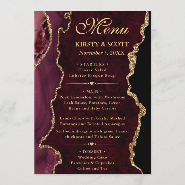 Menu Casamento de Ágata Falsa Brilho Vermelho e Dourado (Frente)