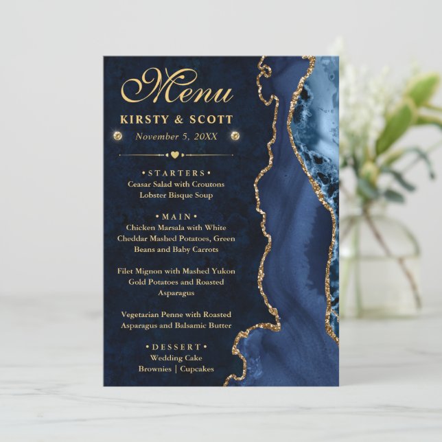 Menu Casamento de Ágata Falso Brilho Azul e Dourado Ele (Em pé/Frente)