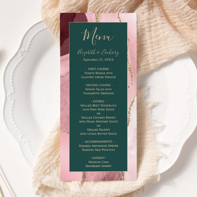 Menu Casamento de Ágata Rosa Moderno em Ouro e Verde Es (Criador carregado)