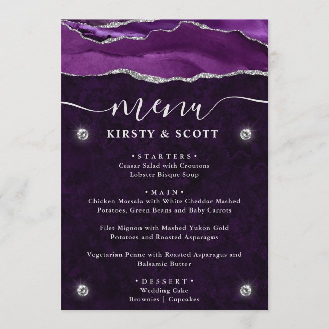 Menu Casamento de Ágata Roxa e Prata Elegante (Frente)