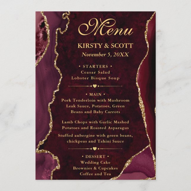 Menu Casamento de Agitação de Faux Vermelho e Dourado E (Frente)
