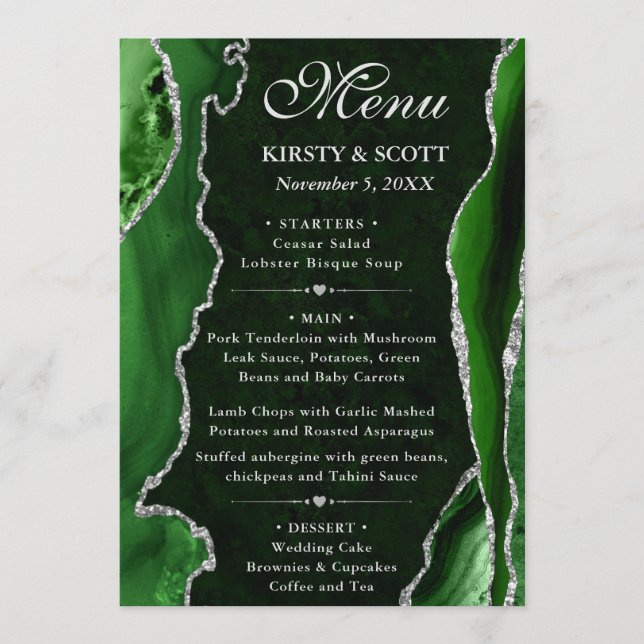 Menu Casamento de Agitação Verde e Silver Faux (Frente)