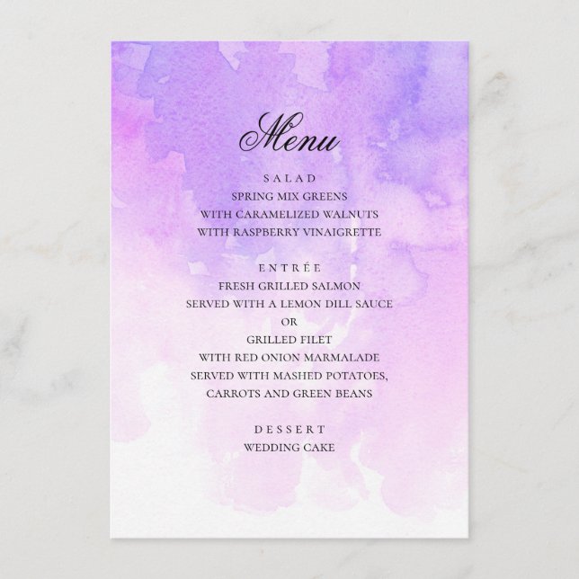 Menu Casamento de água roxa. Lavanda romântica (Frente)
