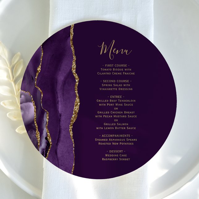 Menu Casamento de Ameixa Ágata Dourada Roxa Redonda (Criador carregado)