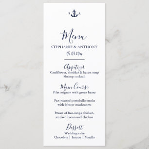 Menu Casamento de Âncora Azul Marinho Náutico Monograma