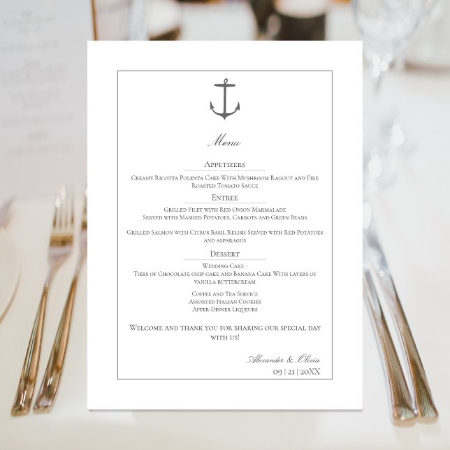 Menu Casamento de Âncora Náutica Simples | Branco (White Simple Nautical Anchor Wedding Menu)