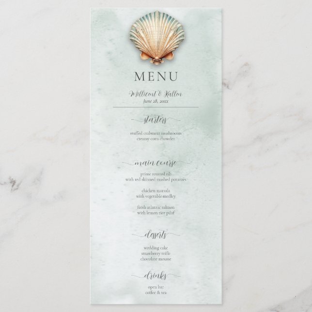 Menu Casamento de Aqua de Seashell Costeiro Moderno (Frente)
