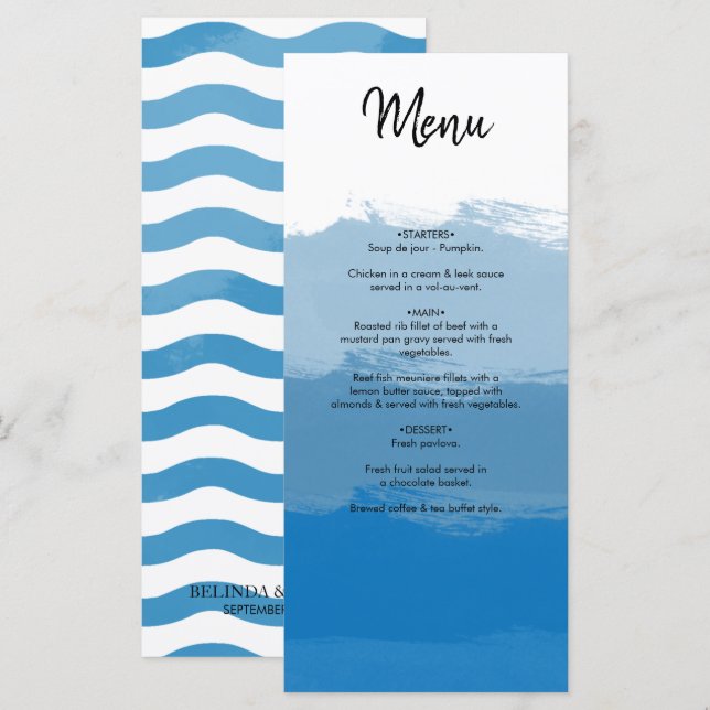 Menu Casamento de Aquarela Azul de Praia (Frente/Verso)