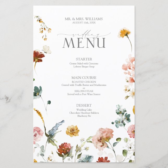 Menu Casamento de Aquarela das Flores do Jardim El (Frente)