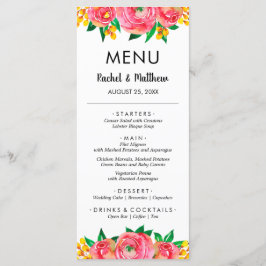 Menu Casamento de Aquarela Floral, Rosa e Amarelo
