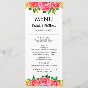 Menu Casamento de Aquarela Floral, Rosa e Amarelo