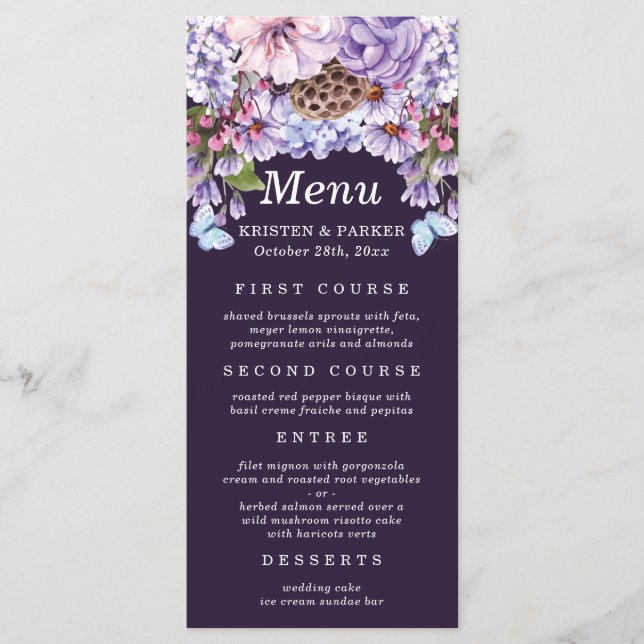 Menu Casamento de Aquarela Floral Roxo Elegante (Frente)