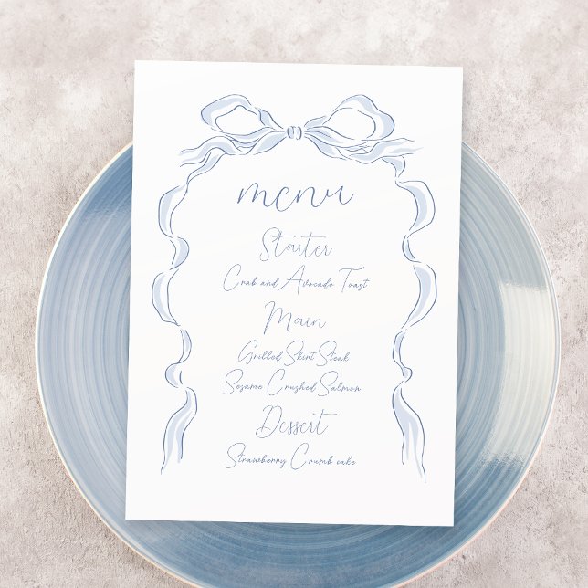 Menu Casamento de Arco de Mão Azul Elegante Dusty (Elegant Dusty Blue Hand Drawn Bow Wedding Menu)