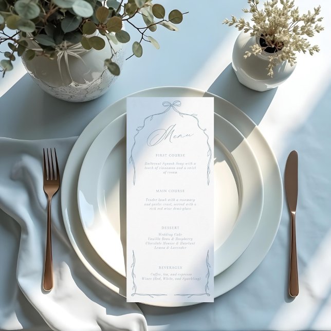Menu Casamento de Arco e Fita Azul Elegante (Elegant Blue Hand Drawn Bow & Ribbon Wedding Menu)