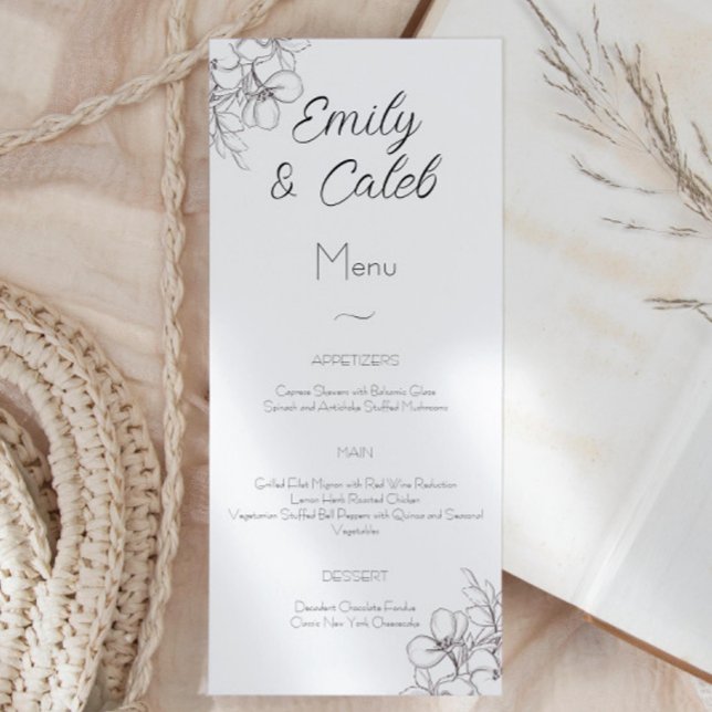 Menu Casamento de Arte em Linha Floral Negra e Branca (black and white elegant floral menu card wedding script font)