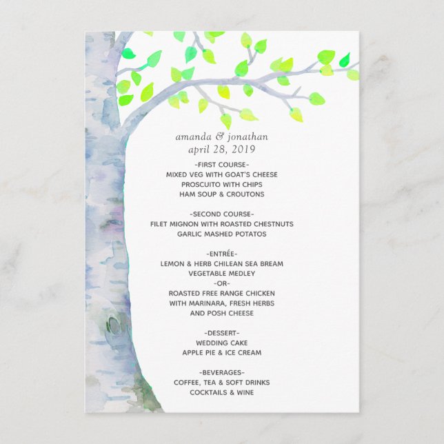 Menu Casamento de Árvore de Bétula na Primavera em Aqua (Frente)