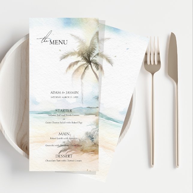Menu Casamento de Árvores de Palma de Praia Tropic (Watercolor Tropical Beach Palm Trees Wedding Menu)