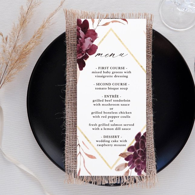 Menu Casamento de Autumn Romance Dourado Frame Burgundy (Criador carregado)