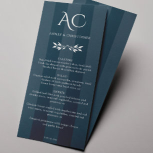 Menu Casamento de Azul Indigo Striped Monograma Minimal