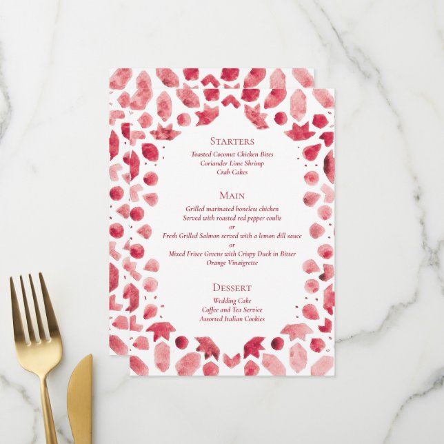 Menu Casamento de Azulejo Geométrico Marroquino Vermelh (Frente/Verso In Situ)