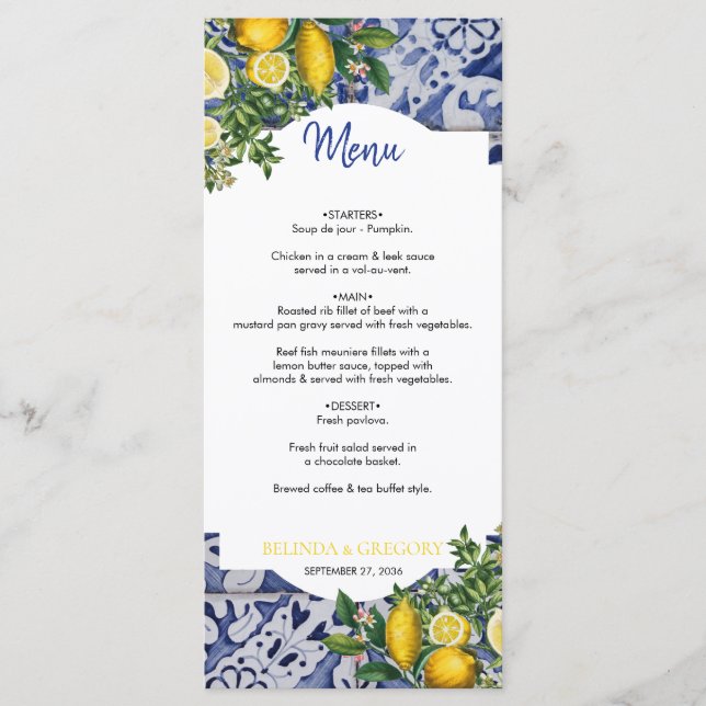 Menu Casamento de Azulejos portugueses com limões medit (Frente)