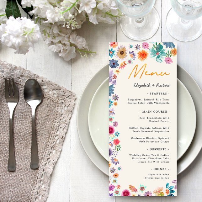 Menu Casamento de Beige Boho Chic Floral Wildflower (Front)