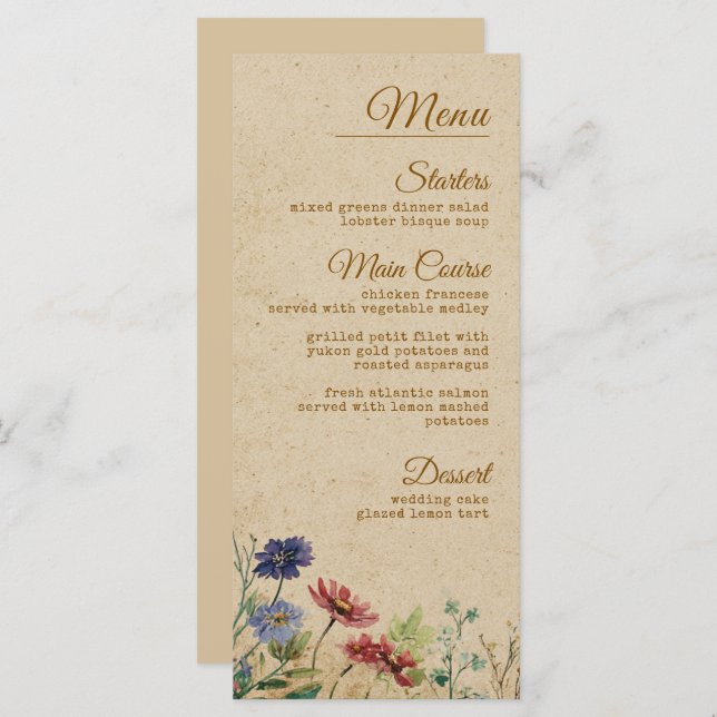 Menu Casamento de Beige Border Rustic Boho Wildflower (Frente/Verso)