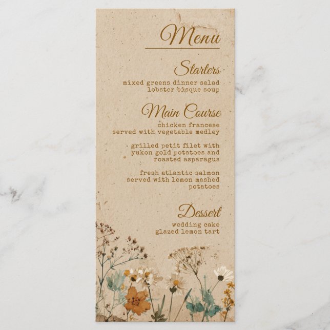 Menu Casamento de Beige Border Rustic Boho Wildflower (Frente)