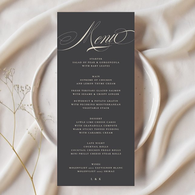 Menu Casamento de Beige de Carvão Formal da Caligrafia  (Criador carregado)
