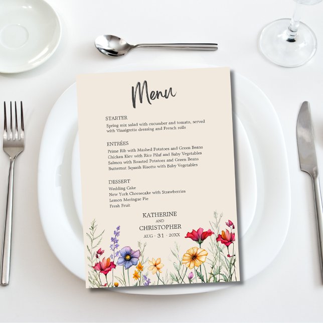 Menu Casamento de Beige de Flores Selvagens Legais Colo (Colorful Wildflowers Elegant Beige Wedding Menu with menu choices, watercolor flowers.)