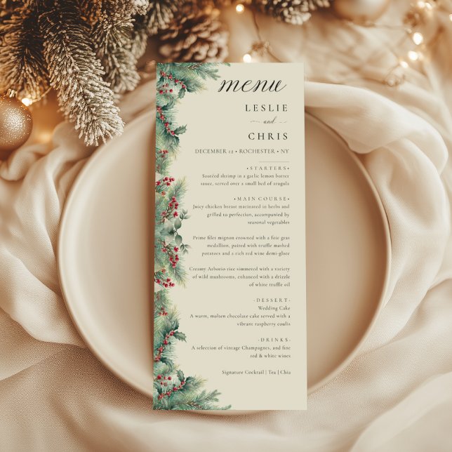 Menu Casamento de Berries e Pine Watercolor (Criador carregado)