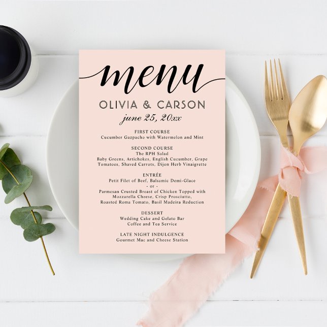 Menu Casamento de Blush Moderno e Script Preto (Criador carregado)