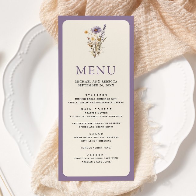 Menu Casamento de Boho Flor Silvestre Roxo Empoeirado (Criador carregado)