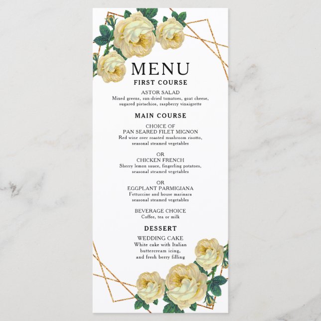 Menu Casamento de Boho Floral Amarelo-Geométrico Dourad (Frente)