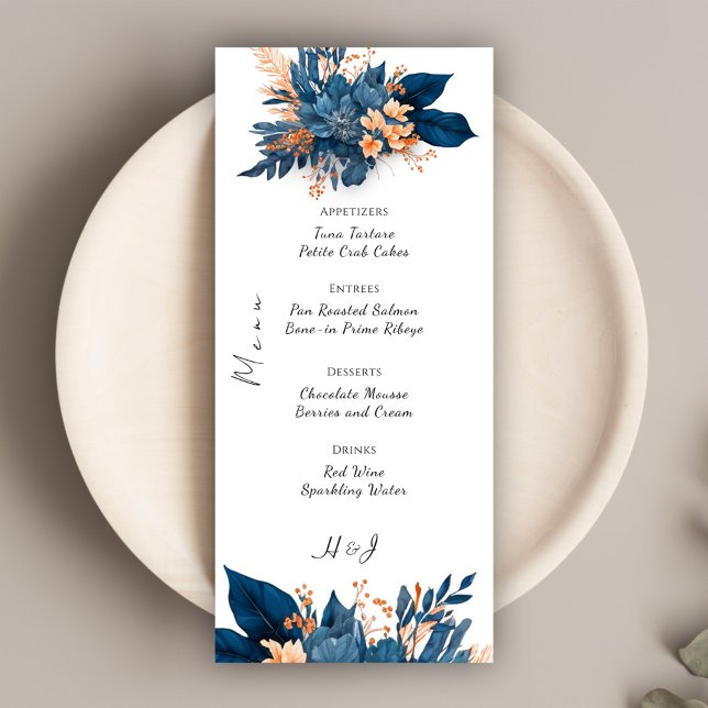 Menu Casamento de Boho Floral do Indigo Rust (Elegant Indigo Rust Floral Boho Wedding Menu)