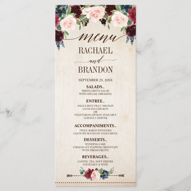 Menu Casamento de Boho País Russo Floral Marinho Burgun (Frente)