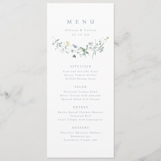 Menu Casamento de Boho Russo de Flor Selvagem Azul Eleg (Frente)