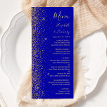 Menu Casamento de Borda Dourada Azul Real Moderno<br><div class="desc">A borda esquerda deste elegante cardápio moderno de casamento apresenta um design de brilho dourado. O texto personalizável combina uma letra pálida de cor dourada,  uma letra copperplate e uma letra itálico num fundo azul real. O verso apresenta um design de brilho azul real correspondente e ouro.</div>