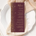 Menu Casamento de Borda Dourada com Glitter Moderno Dar<br><div class="desc">A borda esquerda deste elegante cardápio moderno de casamento apresenta um design de brilho dourado. O texto personalizável combina manuscrito pálido de cor dourada,  fontes copperplate e itálico em um fundo burgundy escuro. O verso apresenta um design de burgundy e dourado.</div>