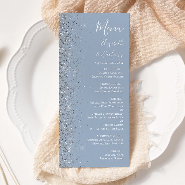 Menu Casamento de Borda Glitter Azul de Prata Moderna (Criador carregado)
