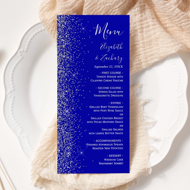 Menu Casamento de Borda Glitter Azul Real Moderno (Criador carregado)
