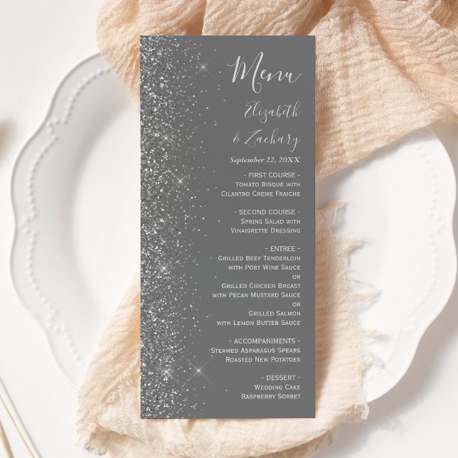 Menu Casamento de Borda Glitter da Cinza Moderna (Criador carregado)