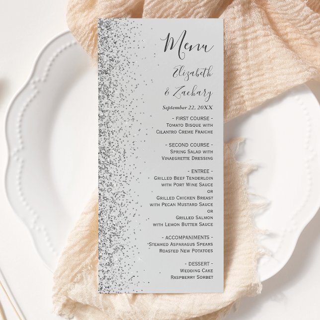 Menu Casamento de Borda Glitter de Cinza Pálida Moderna (Criador carregado)