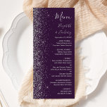 Menu Casamento de Borda Glitter de Prata Roxo Moderno E<br><div class="desc">A borda esquerda deste elegante cardápio moderno de casamento apresenta um design de cintilação. O texto personalizável combina a escrita manual de cinzas prateadas,  fontes copperplate e itálico em um fundo roxo escuro. O verso apresenta um design de brilho roxo e prateado correspondente.</div>