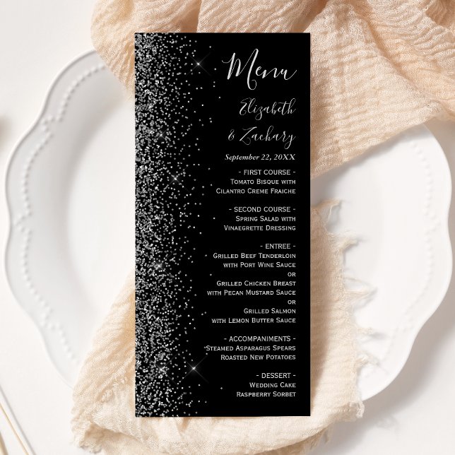 Menu Casamento de Borda Glitter Negra Moderna (Criador carregado)