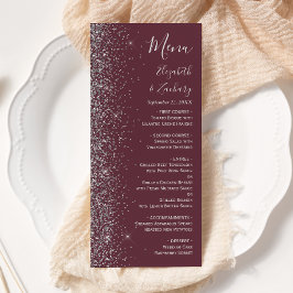Menu Casamento de Borda Glitter Silver Moderno Burgundy