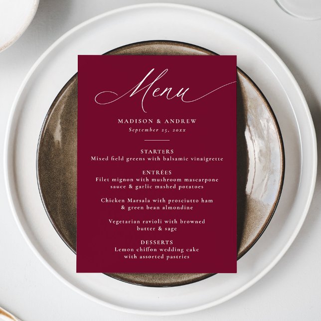 Menu Casamento de Borgonha da Caligrafia Elegante Moder (Criador carregado)